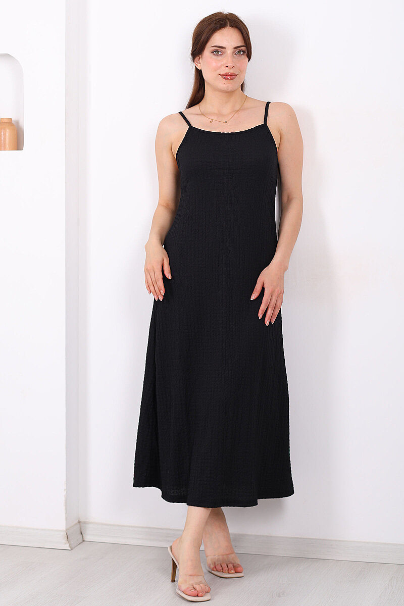 Askılı Bubble Kadın Siyah Midi Elbise - 4