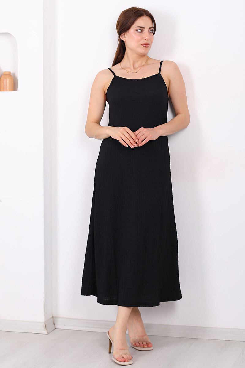 Askılı Bubble Kadın Siyah Midi Elbise - 1