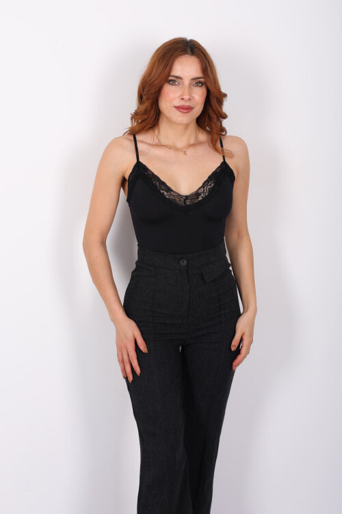 Askılı Dantel Detaylı Siyah Kadın Çıtçıtlı Body - 6