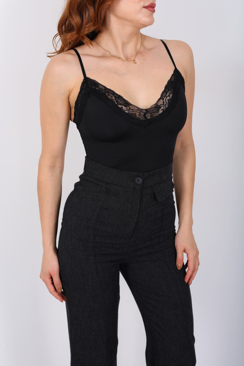 Askılı Dantel Detaylı Siyah Kadın Çıtçıtlı Body - 2