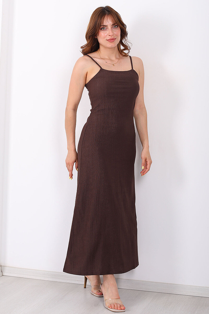 Askılı Dokulu Acı Kahve Kadın Maxi Elbise - 6
