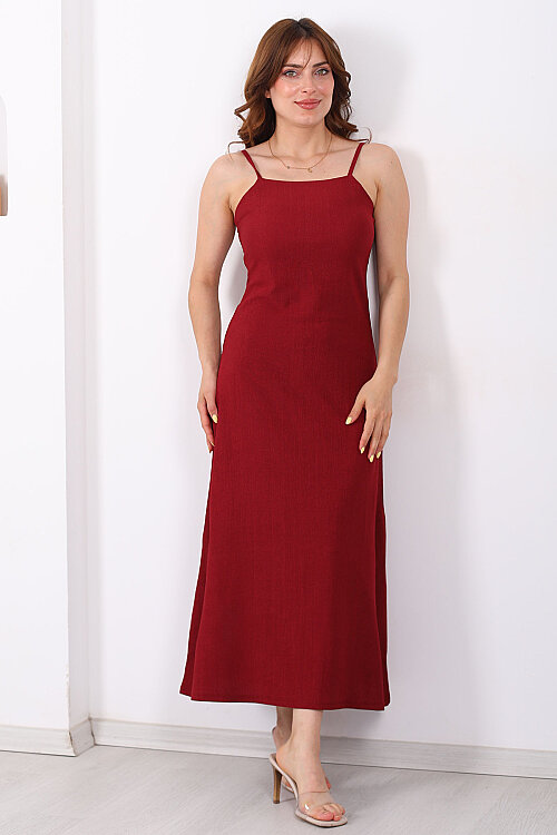 Askılı Dokulu Bordo Kadın Maxi Elbise - 3