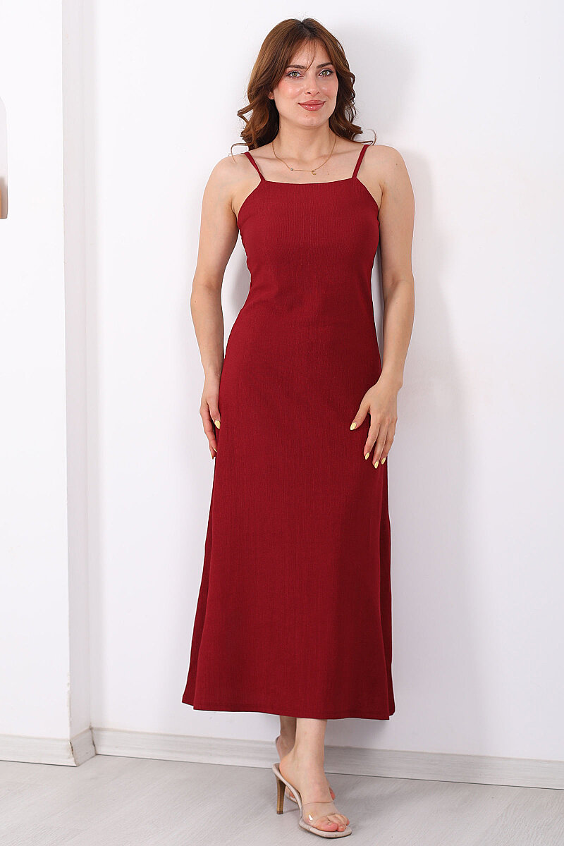 Askılı Dokulu Bordo Kadın Maxi Elbise - 3