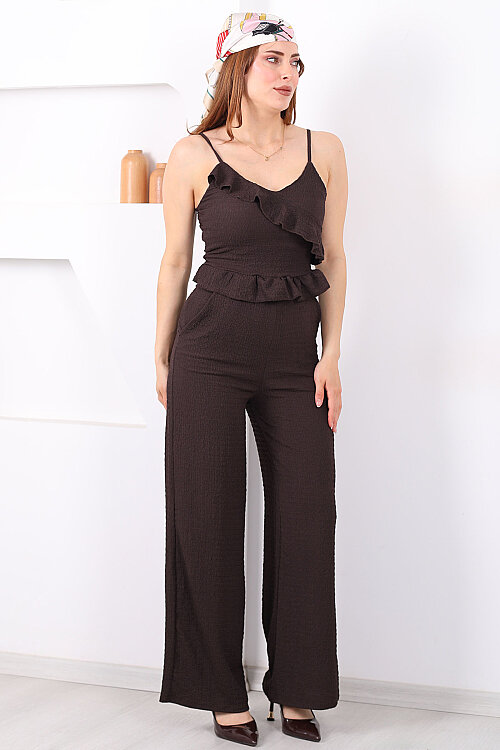 Askılı Fırfırlı Kadın Acı Kahve Bürümcük Pantolon Takım - 4