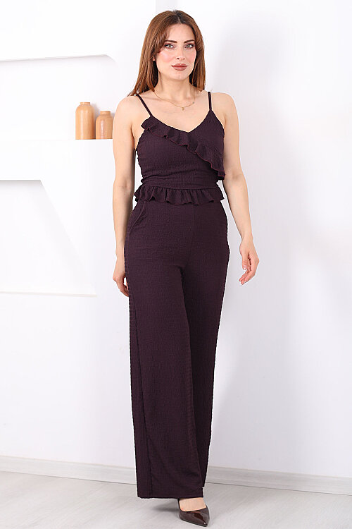 Askılı Fırfırlı Kadın Mor Bürümcük Pantolon Takım - 6