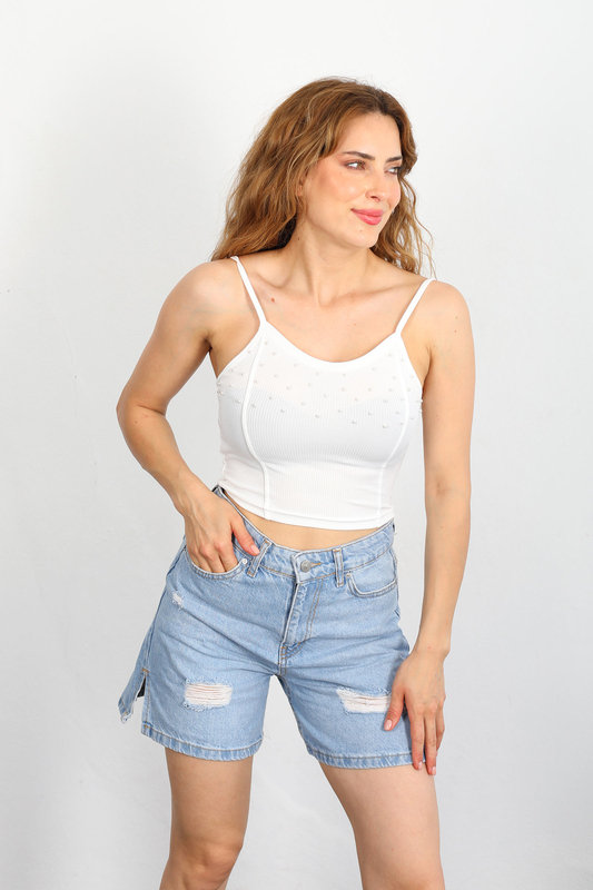 Askılı İncili Beyaz Kadın Crop Top - 2