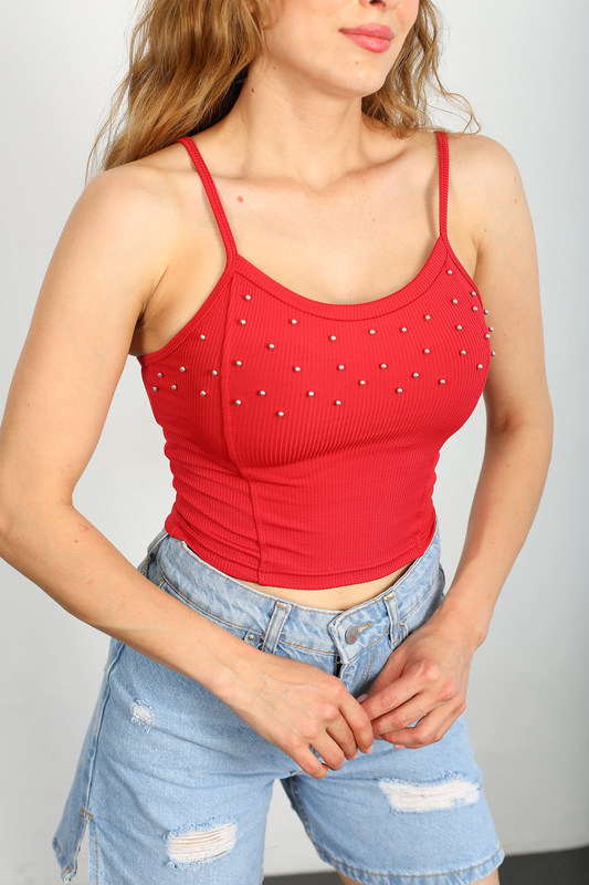 Askılı İncili Kırmızı Kadın Crop Top - 2