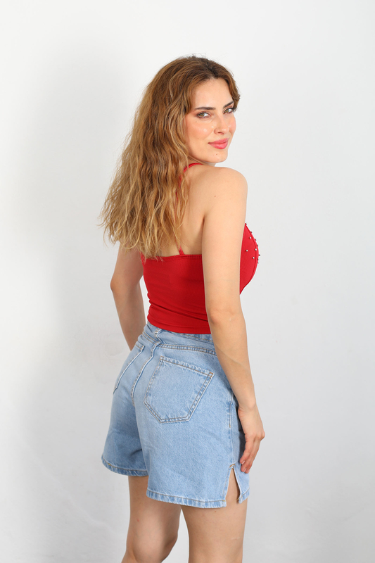 Askılı İncili Kırmızı Kadın Crop Top - 4