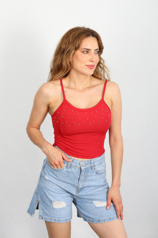 Askılı İncili Kırmızı Kadın Crop Top - 3