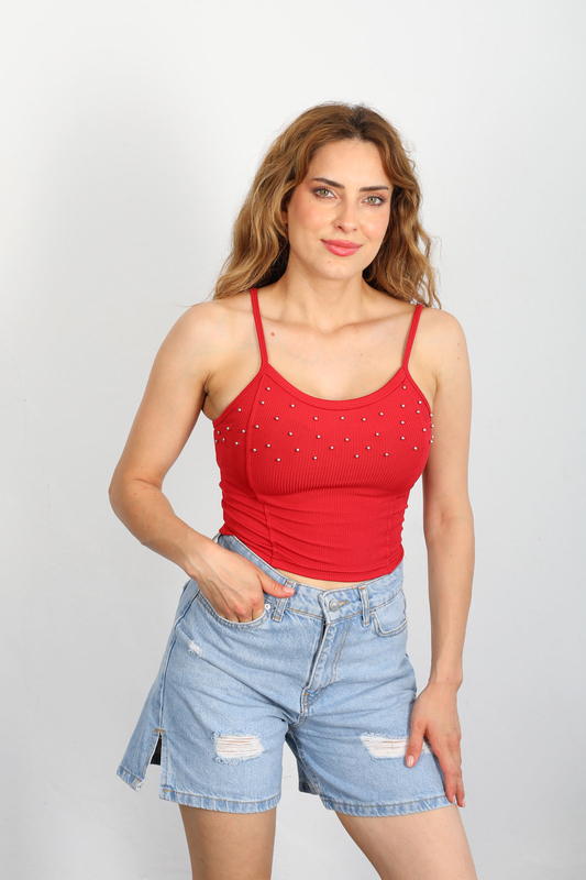Askılı İncili Kırmızı Kadın Crop Top - 1
