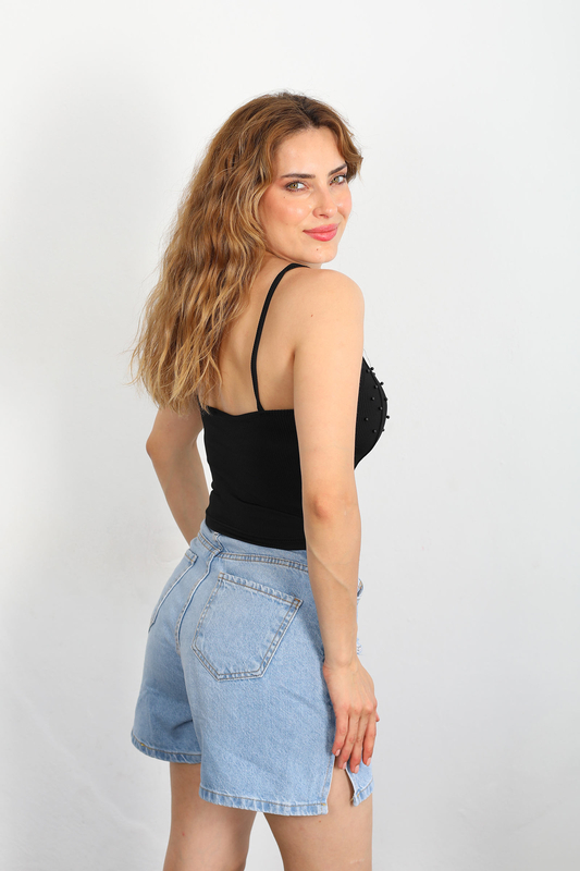 Askılı İncili Siyah Kadın Crop Top - 3