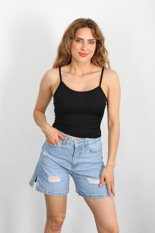Askılı İncili Siyah Kadın Crop Top - 1