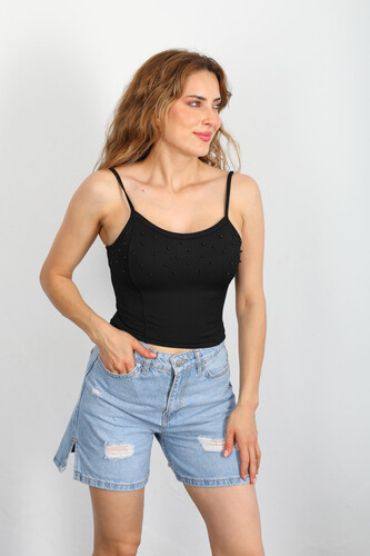 Askılı İncili Siyah Kadın Crop Top - 2