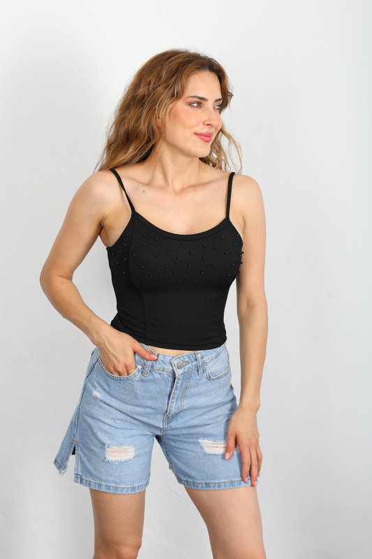 Askılı İncili Siyah Kadın Crop Top - 2
