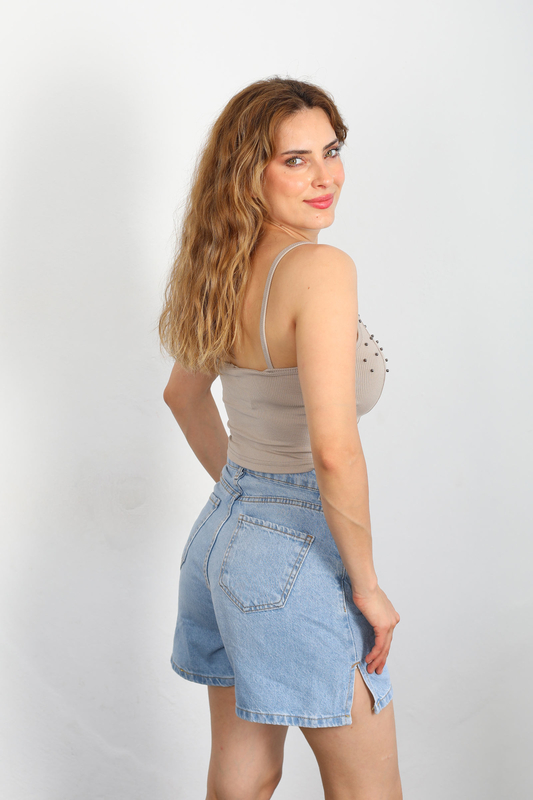 Askılı İncili Vizon Kadın Crop Top - 3