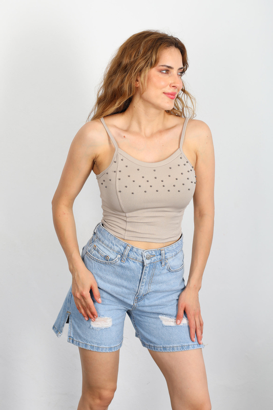 Askılı İncili Vizon Kadın Crop Top - 2