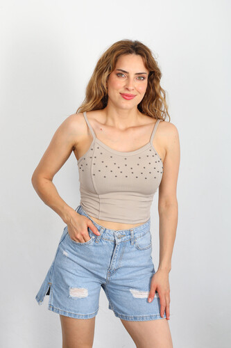 Askılı İncili Vizon Kadın Crop Top - 1
