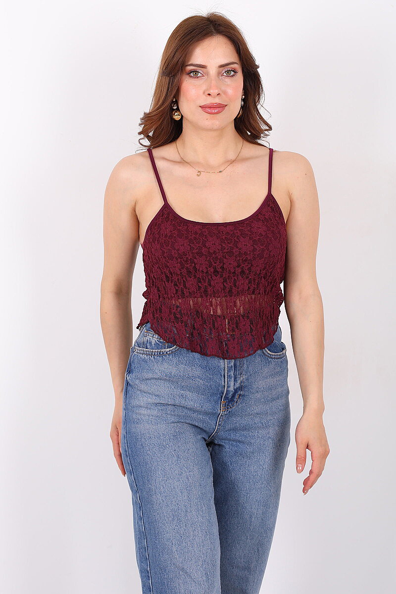 Askılı Kadın Mürdüm Dantel Crop - 6
