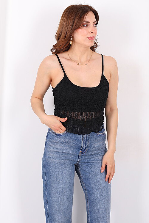 Askılı Kadın Siyah Dantel Crop 