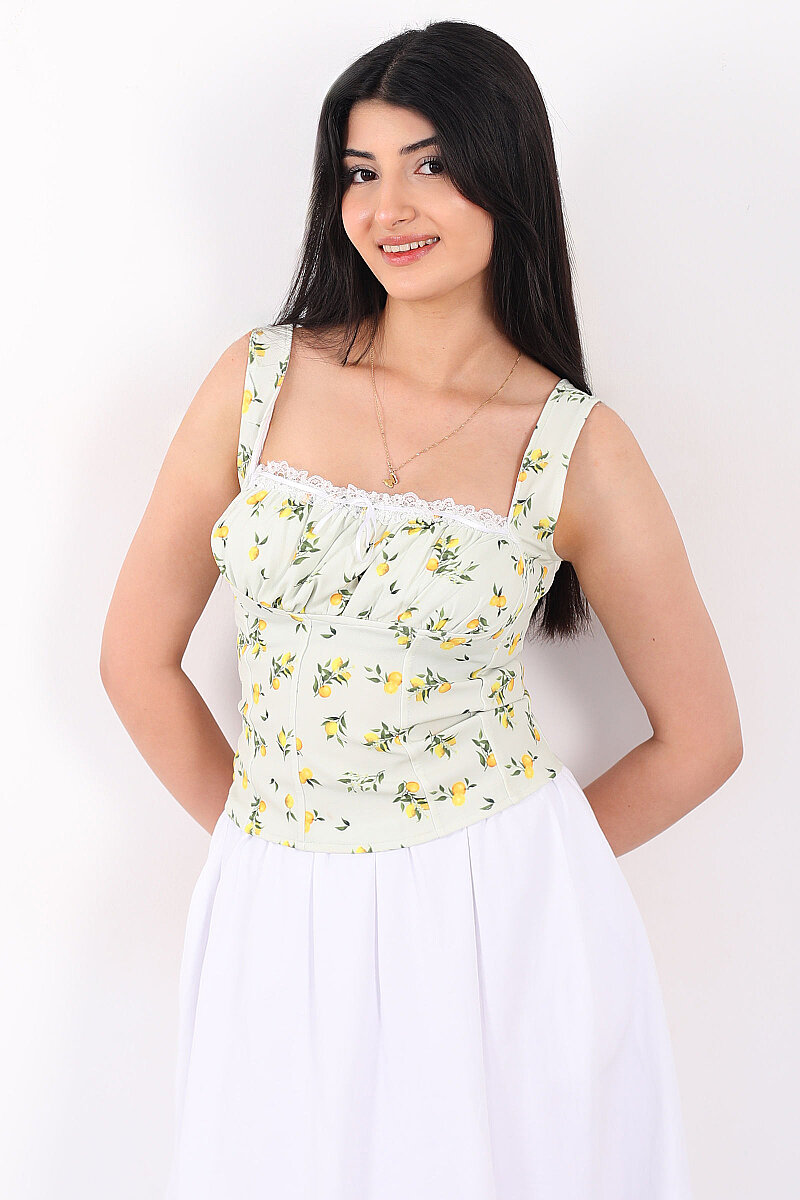 Askılı Limon Desenli Önü Büzgülü Sarı Kadın Crop - 1
