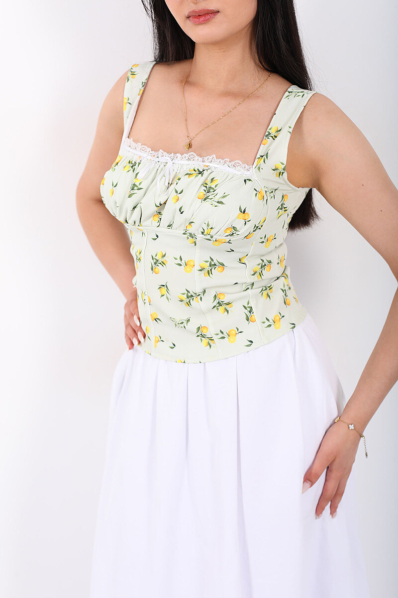 Askılı Limon Desenli Önü Büzgülü Sarı Kadın Crop - 2