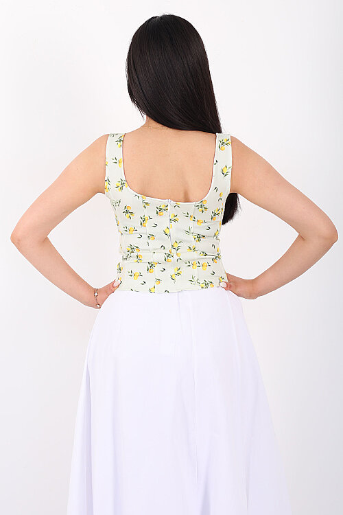 Askılı Limon Desenli Önü Büzgülü Sarı Kadın Crop - 6