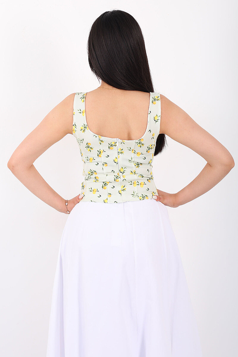 Askılı Limon Desenli Önü Büzgülü Sarı Kadın Crop - 6