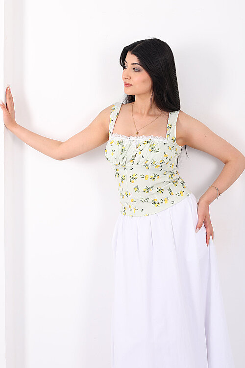 Askılı Limon Desenli Önü Büzgülü Sarı Kadın Crop - 3