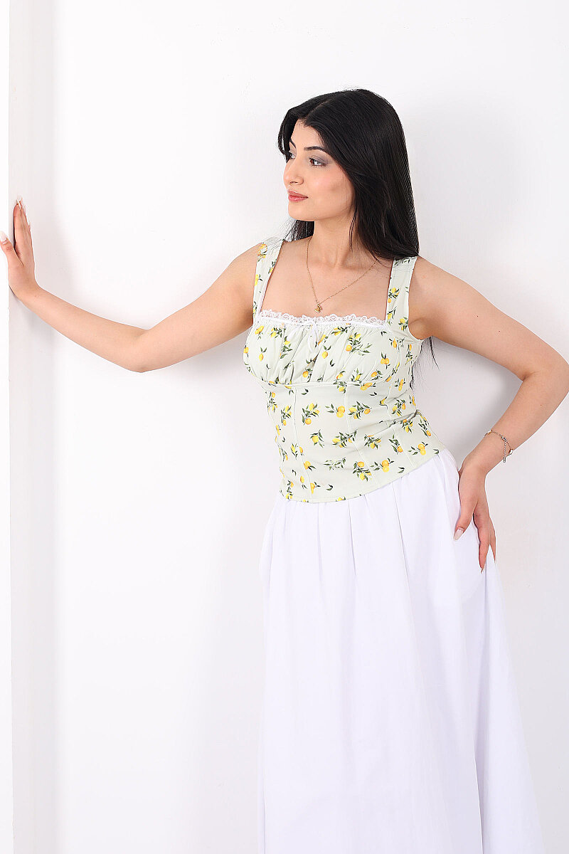 Askılı Limon Desenli Önü Büzgülü Sarı Kadın Crop - 3