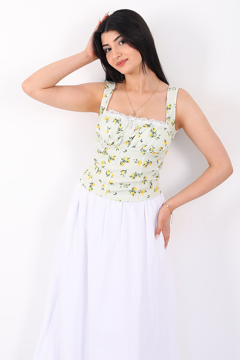 Askılı Limon Desenli Önü Büzgülü Sarı Kadın Crop - 4