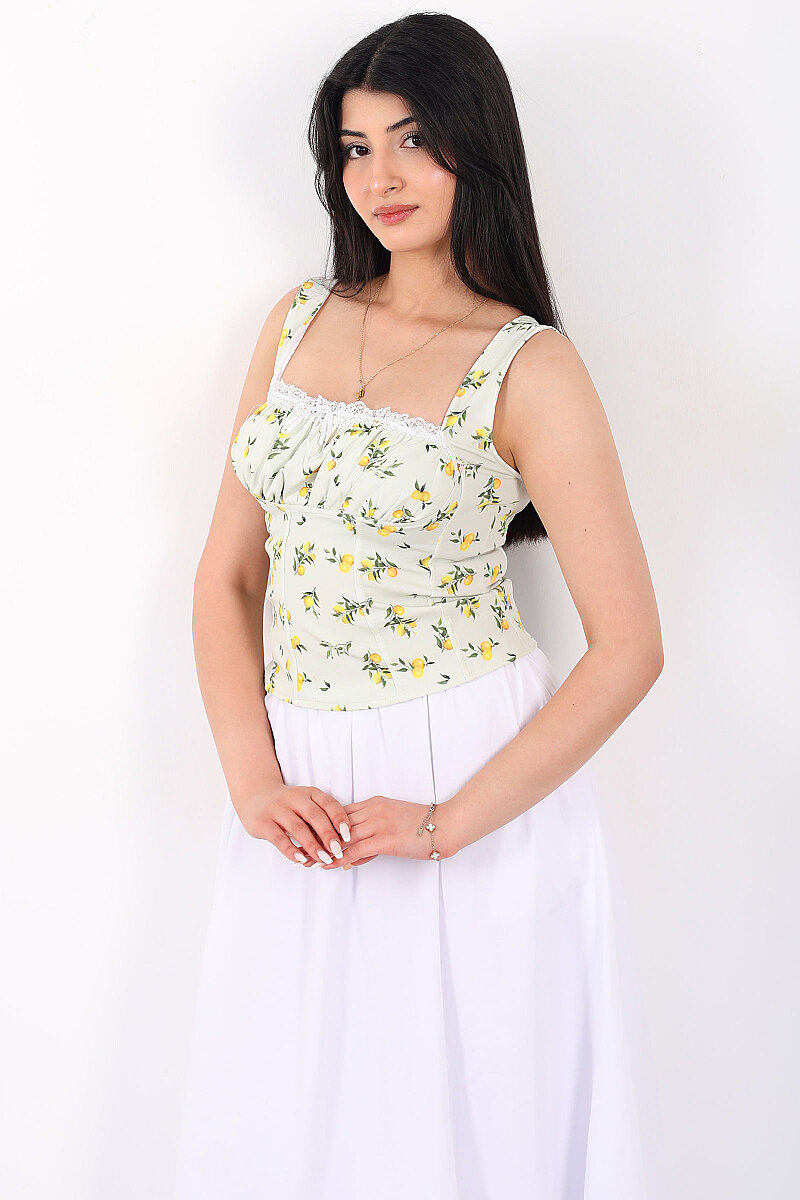 Askılı Limon Desenli Önü Büzgülü Sarı Kadın Crop - 5