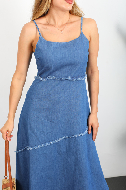 Askılı Püskül Şerit Parçalı Mavi Kadın Midi Denim Elbise - 6