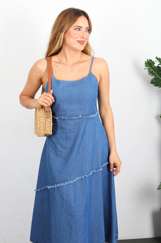 Askılı Püskül Şerit Parçalı Mavi Kadın Midi Denim Elbise - Berox (1)