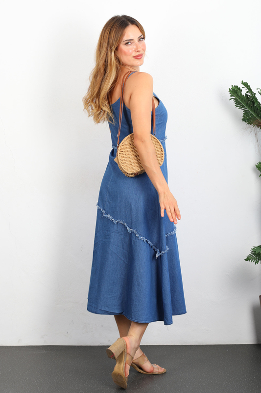 Askılı Püskül Şerit Parçalı Mavi Kadın Midi Denim Elbise - 7