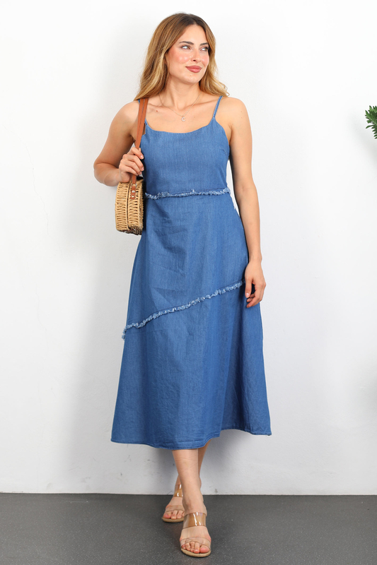 Askılı Püskül Şerit Parçalı Mavi Kadın Midi Denim Elbise - 5