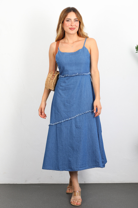 Askılı Püskül Şerit Parçalı Mavi Kadın Midi Denim Elbise - 1