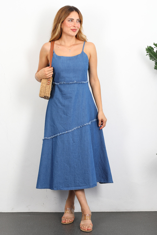 Askılı Püskül Şerit Parçalı Mavi Kadın Midi Denim Elbise - 3