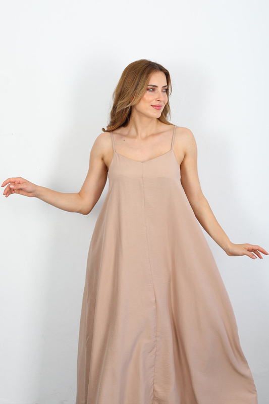 Askılı Salaş Bej Kadın Maxi Elbise - 3