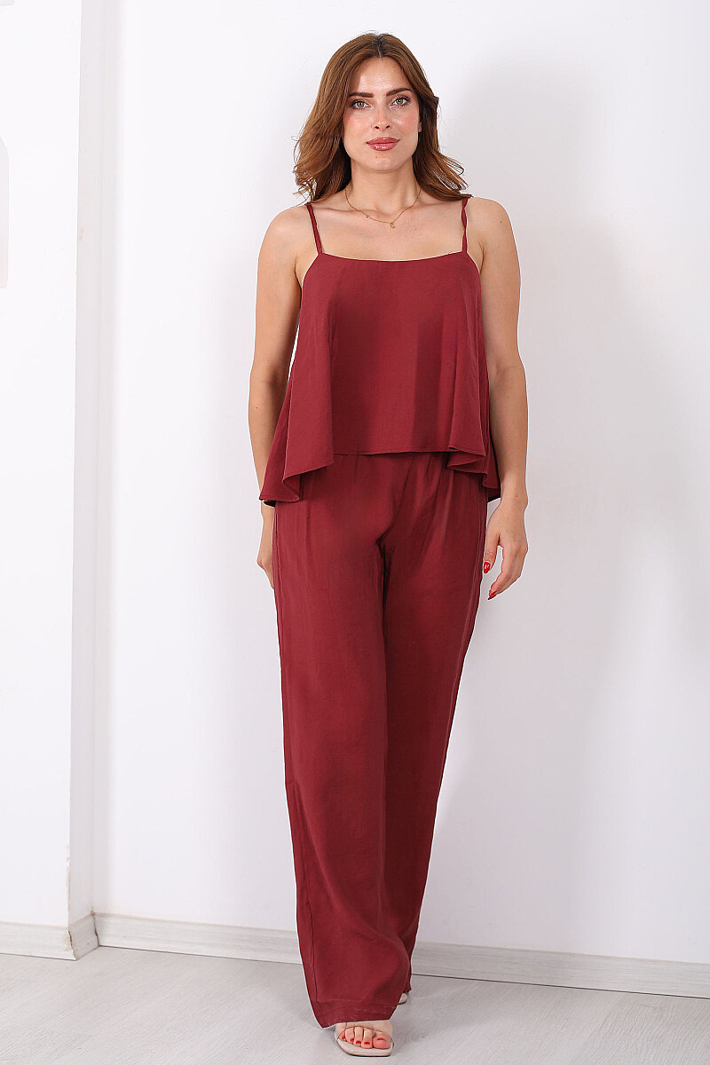 Askılı Salaş Bluz Pantolon Bordo Kadın Takım - 5