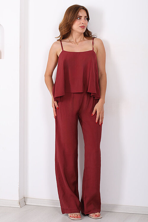 Askılı Salaş Bluz Pantolon Bordo Kadın Takım - 3