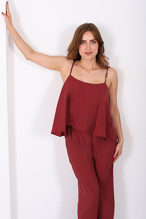Askılı Salaş Bluz Pantolon Bordo Kadın Takım - Berox