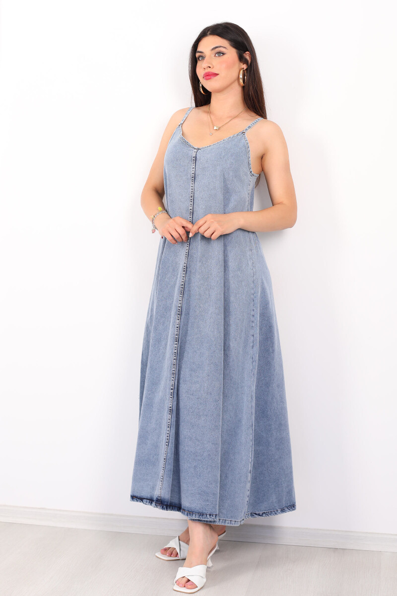 Askılı Uzun Oversize Karyıkama Mavi Denim Kadın Elbise - 1