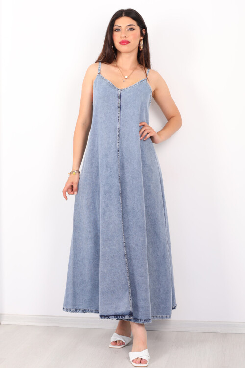 Askılı Uzun Oversize Karyıkama Mavi Denim Kadın Elbise - 4