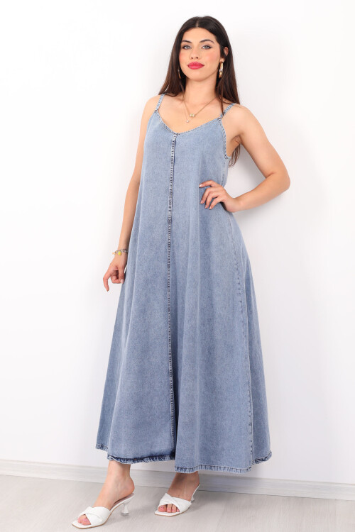 Askılı Uzun Oversize Karyıkama Mavi Denim Kadın Elbise - 6