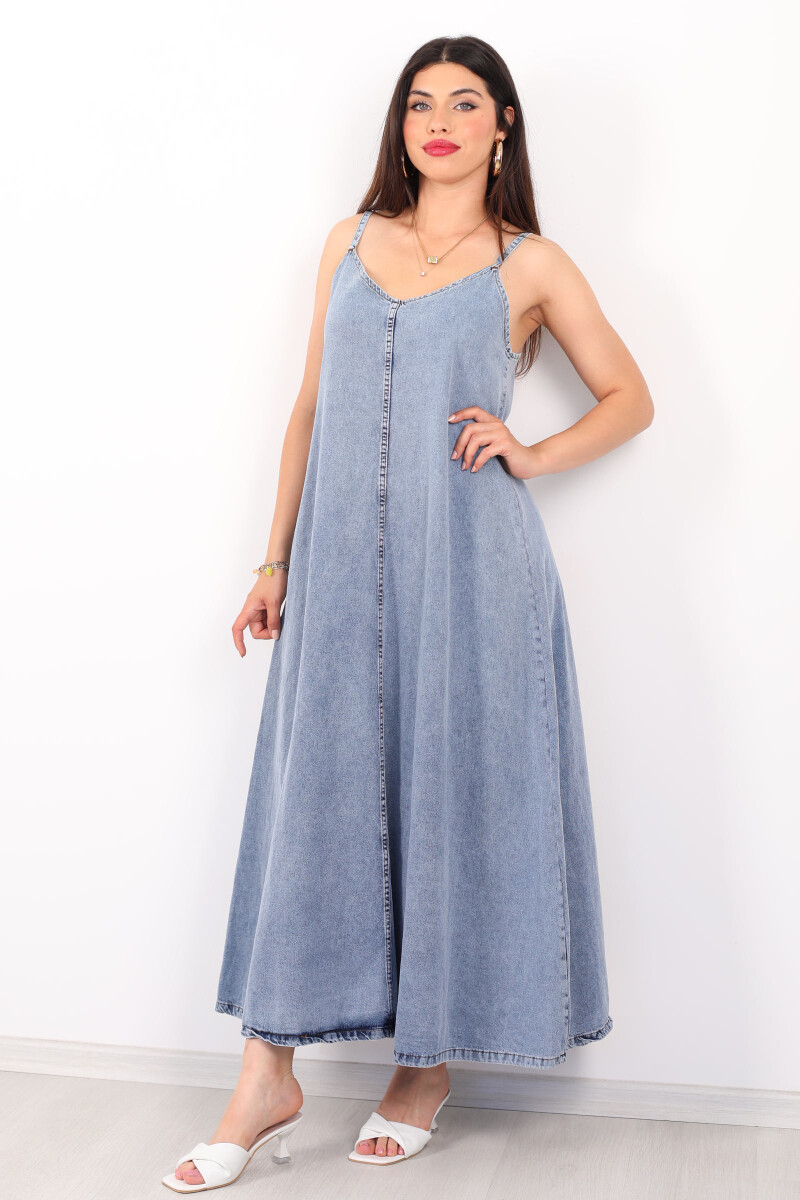 Askılı Uzun Oversize Karyıkama Mavi Denim Kadın Elbise - 6