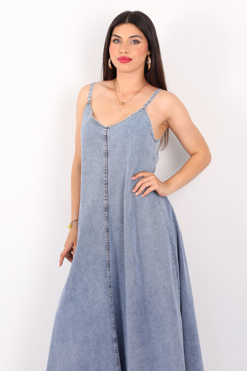Askılı Uzun Oversize Karyıkama Mavi Denim Kadın Elbise - 5