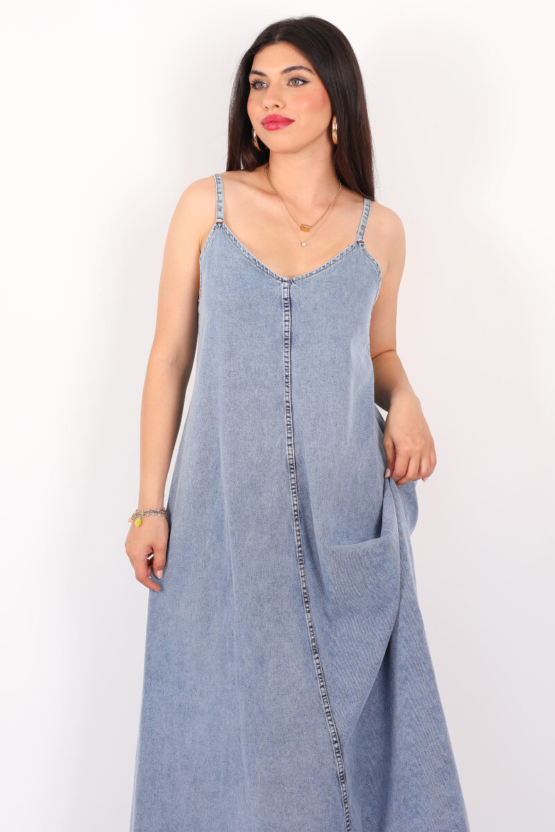 Askılı Uzun Oversize Karyıkama Mavi Denim Kadın Elbise - 3