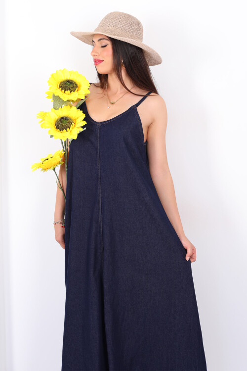 Askılı Uzun Oversize Lacivert Denim Kadın Elbise 