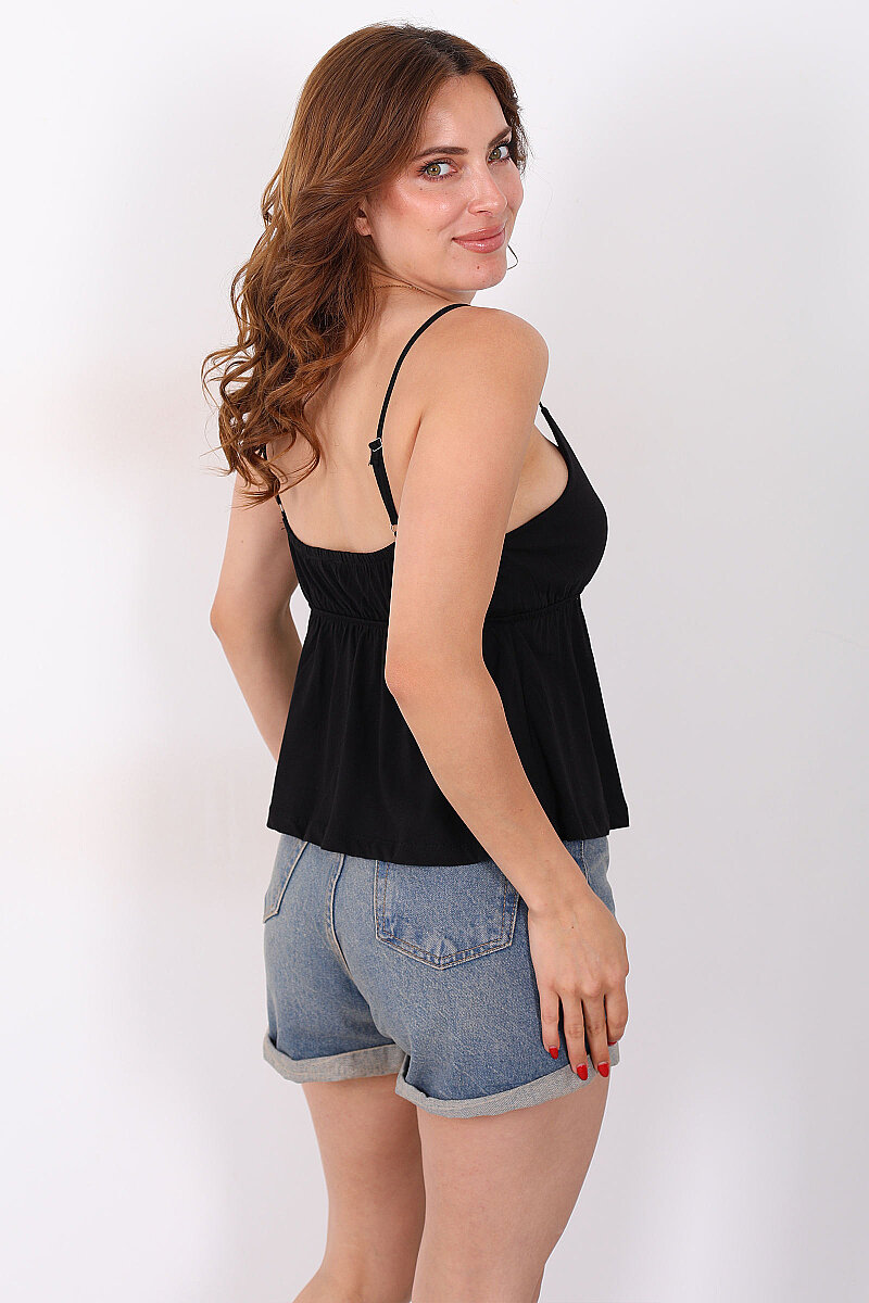 Askılı V Yaka Peplum Siyah Kadın Bluz - 4