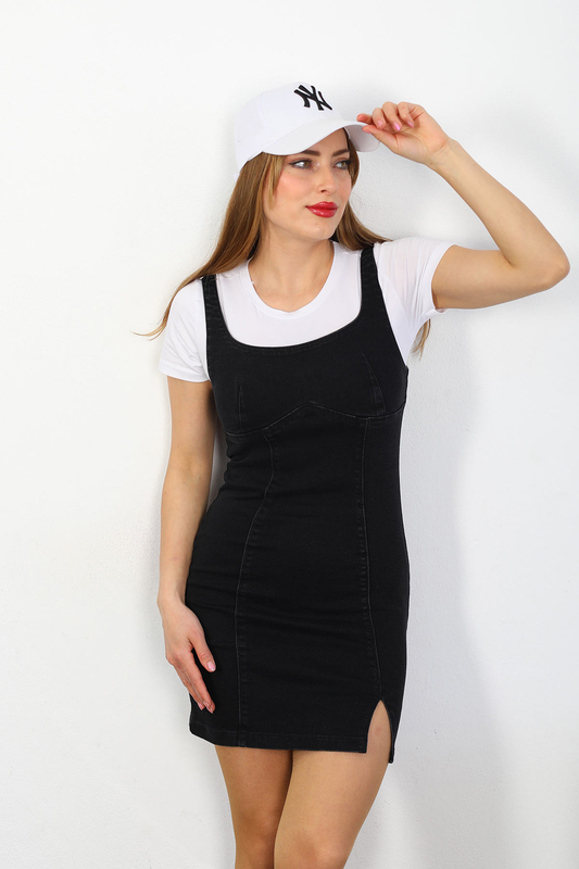 Askılı Yırtmaçlı Siyah Kadın Mini Kot Elbise - 1